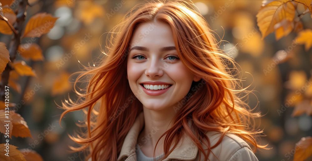 A Radiant Redhead Basks In The Golden Autumn Sunlight, Her Smile Capturing The Warmth And Joy Of The Season, Framed By Vibrant Fall Foliage A Radiant Redhead Basks In The Golden Autumn Sunlight, Her Smile Capturing The Warmth And Joy Of The Season, Framed By Vibrant Fall Foliage