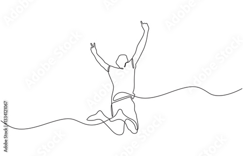 Happy man jumping for joy in continuous line art drawing style, Continuous one line drawing. Happy jumping man on white background. Vector illustration.