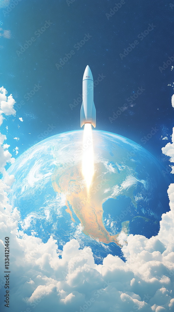 Fototapeta premium A white space rocket is flying in the sky, with Earth below it and blue background