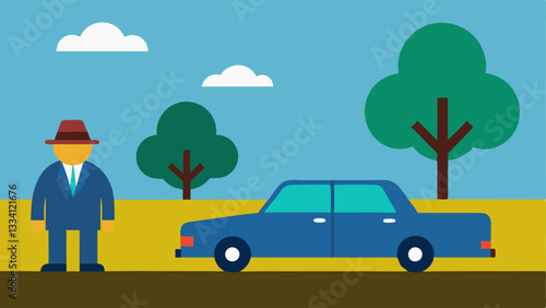 Roadside Encounter A simple roadside scene illustrating the detectives car parked behind a tree with the suspects car visible on the road the detective peeking out carefully.