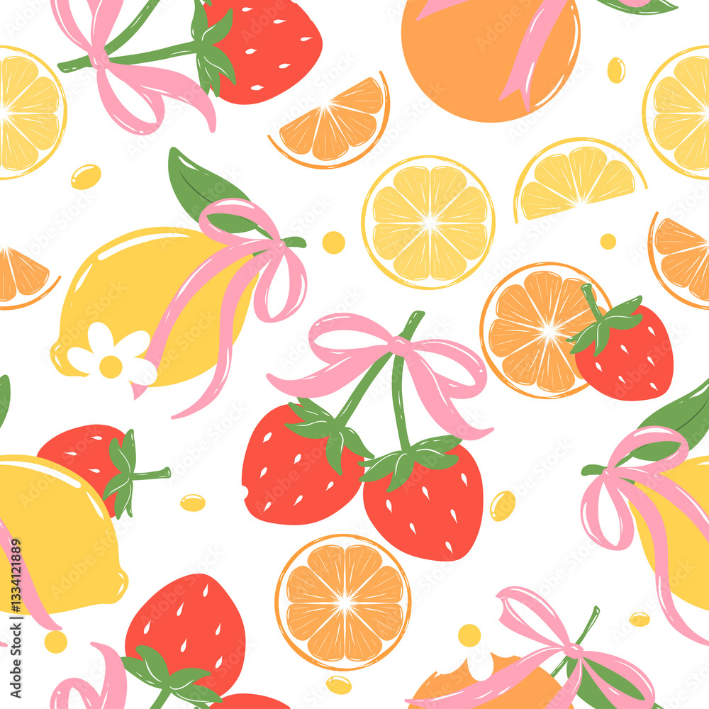 Coquette Summer Fruits Seamless Pattern Strawberry Bows Lemon Citrus Slices Digital Paper Background Coquette Summer Fruits Seamless Pattern Strawberry Bows Lemon Citrus Slices Digital Paper Background