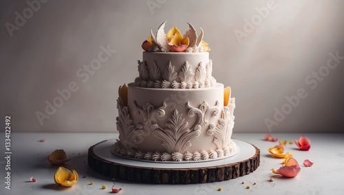 Elegant Wedding Cake with Floral Decorations – Luxury Dessert Photography
