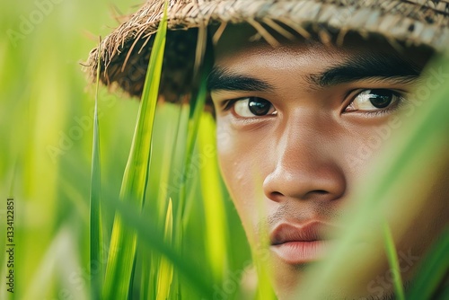 Young farmer in rice field, focusing on growth