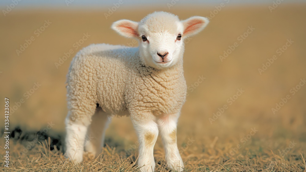 Fototapeta premium Adorable White Lamb in a Brown Field
