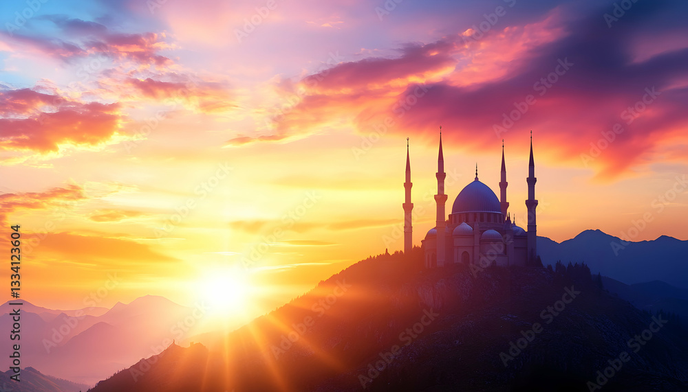 Obraz premium Majestic mosque silhouetted against a vibrant sunset over rolling hills