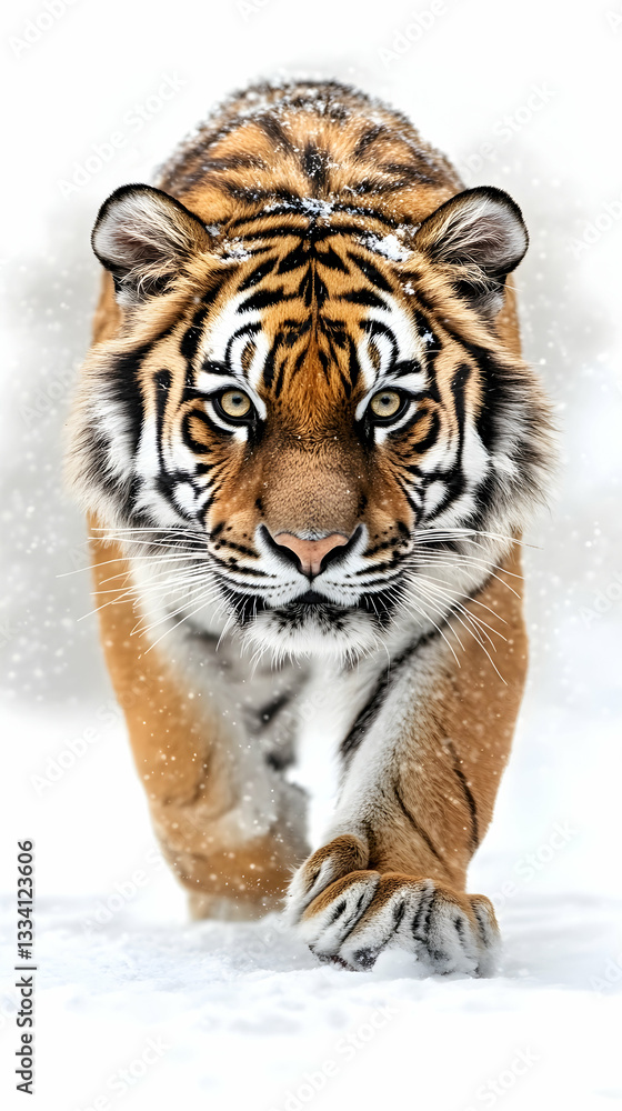 Fototapeta premium Majestic Siberian tiger walking toward camera in snowy landscape