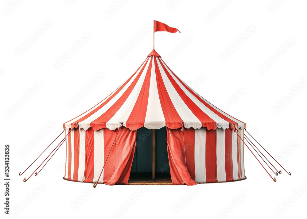 Red and white striped circus tent with a flag on top, isolated on transparent background. Concept of entertainment, carnival, and festival. Red and white striped circus tent with a flag on top, isolated on transparent background. Concept of entertainment, carnival, and festival.