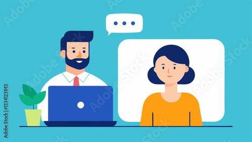 Exit Interview An illustration of an HR spet sitting at her laptop conducting an exit interview with a departing employee through a video call with thoughtful expressions on both