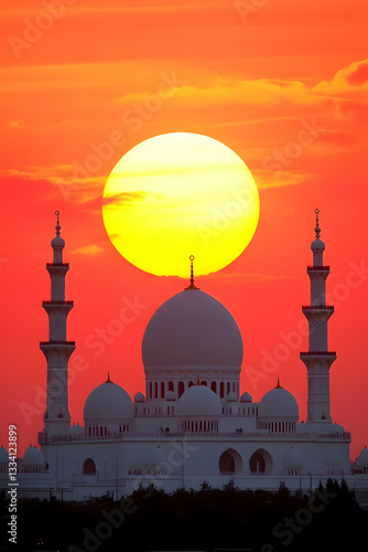 Majestic white mosque silhouetted against a vibrant sunset