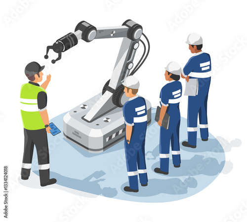 Isometric Isolated Illustration of Engineers Receiving Training on Industrial Robotic Arm for Automation in Smart Manufacturing cartoon