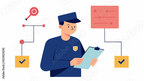 PostRobbery Review A guard analyzing a timeline of CCTV footage in the aftermath of a robbery making notes and discussing findings with fellow security team members.