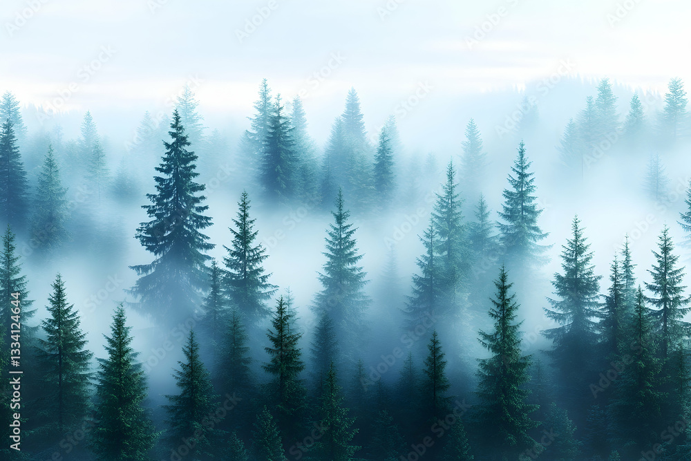 Misty evergreen forest, aerial view Misty evergreen forest, aerial view
