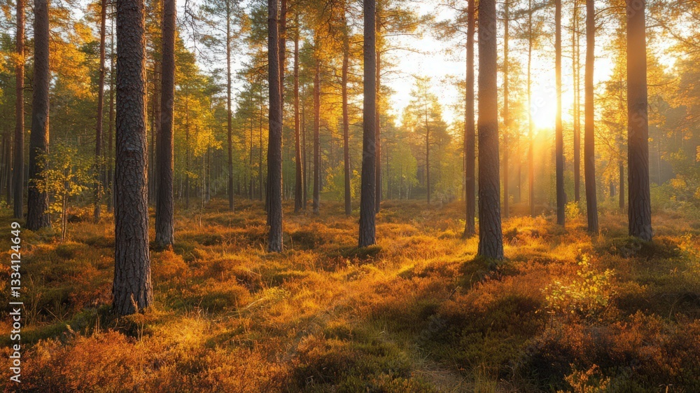 Obraz premium Autumnal Pine Forest Bathed in Golden Hour Sunlight