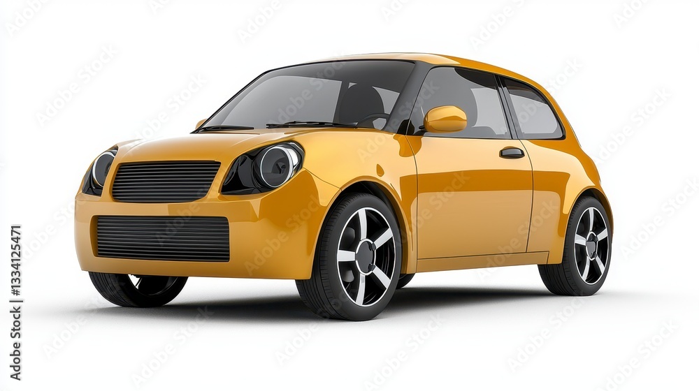Golden Yellow Futuristic Small Car On White Background Golden Yellow Futuristic Small Car On White Background