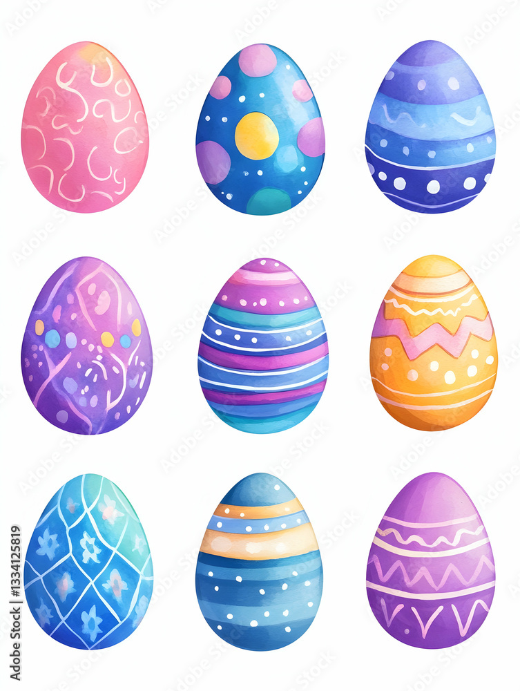 Nine pastel Easter eggs with various decorative patterns Nine pastel Easter eggs with various decorative patterns