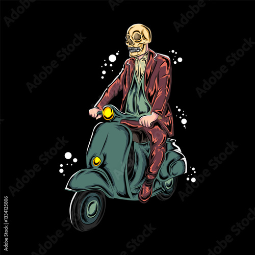 vector of hand drawing style of skull riding scooter motorcycle