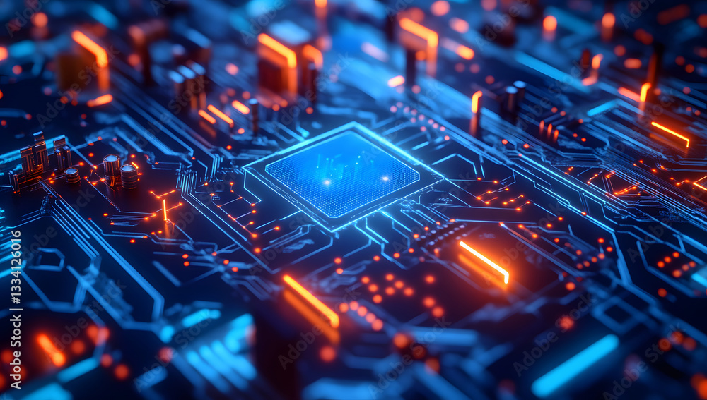 Futuristic Circuit Board Design Glowing Blue and Orange Technology Futuristic Circuit Board Design Glowing Blue and Orange Technology