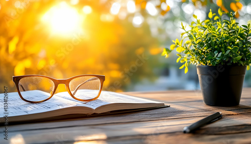 Open book, eyeglasses, pen, plant, sunset