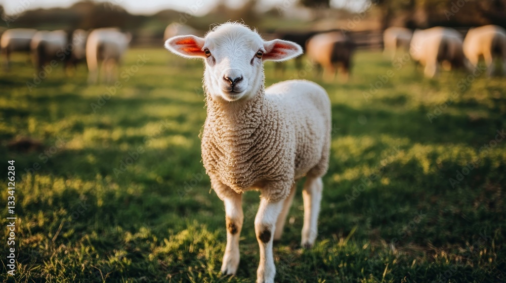 A young lamb stands in a sunlit green grassy pasture A young lamb stands in a sunlit green grassy pasture