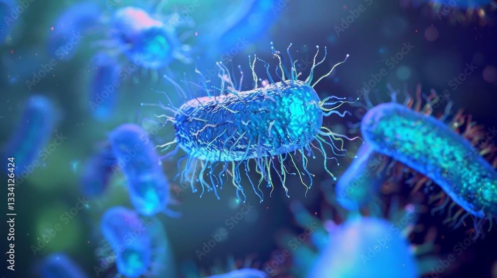 Detailed microscopic depiction of various rod-shaped bacteria with hairlike appendages on a blurry blue and green background Detailed microscopic depiction of various rod-shaped bacteria with hairlike appendages on a blurry blue and green background