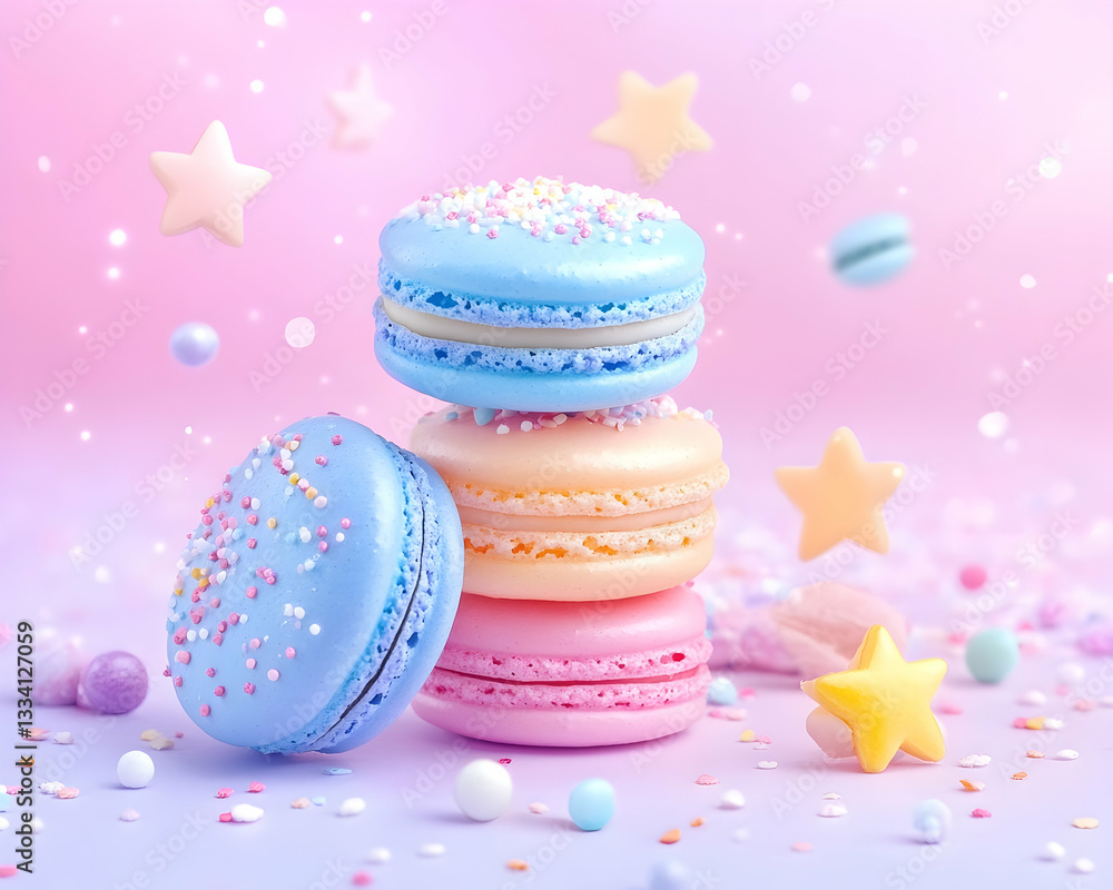 Pastel macarons stacked with sprinkles and star-shaped candies on a pink background Pastel macarons stacked with sprinkles and star-shaped candies on a pink background