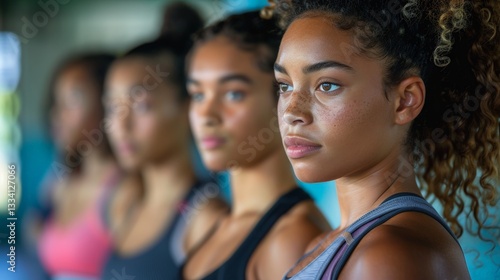 Diverse group of women in athletic clothing preparing for an intense box jump workout class at a modern gym showing determination ready to perform explosive exercises in a fitness training environment