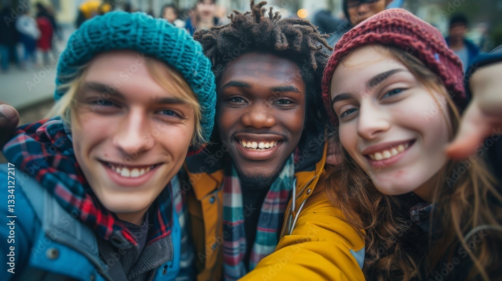 Diverse group of young friends smiling and taking selfies together in a casual setting capturing joyful moments of friendship and social interaction Diverse group of young friends smiling and taking selfies together in a casual setting capturing joyful moments of friendship and social interaction