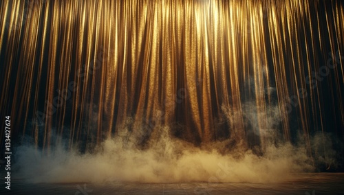 Golden stage curtain with smoky backdrop