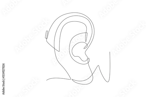 Ear with hearing aid. Hearing aids concept one-line drawing