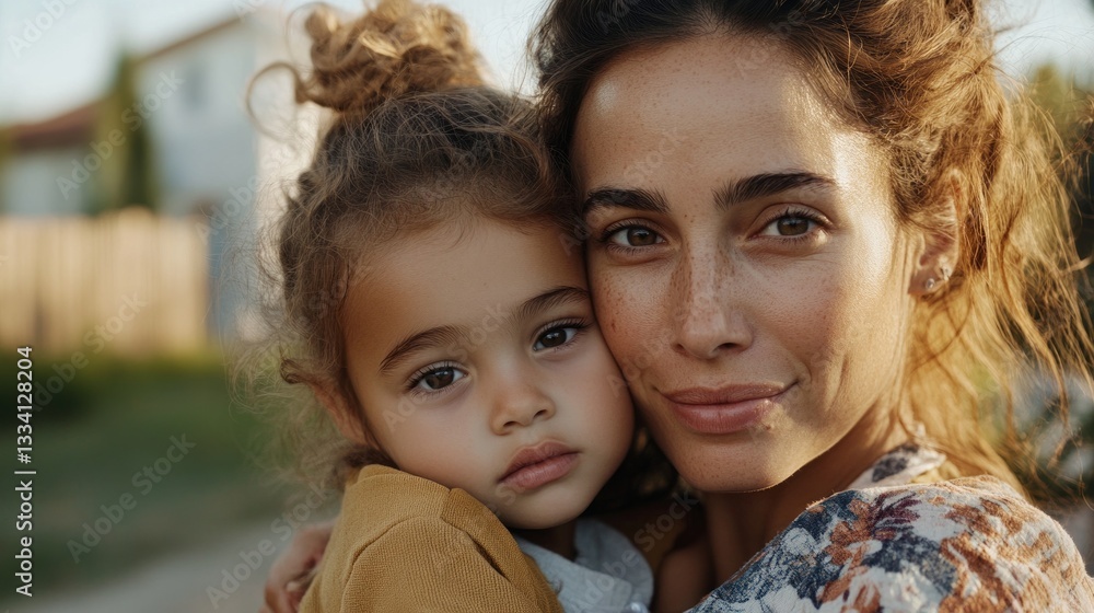 A smiling woman hugging a child, both looking away from the camera, set against a background of a residential street. A smiling woman hugging a child, both looking away from the camera, set against a background of a residential street.