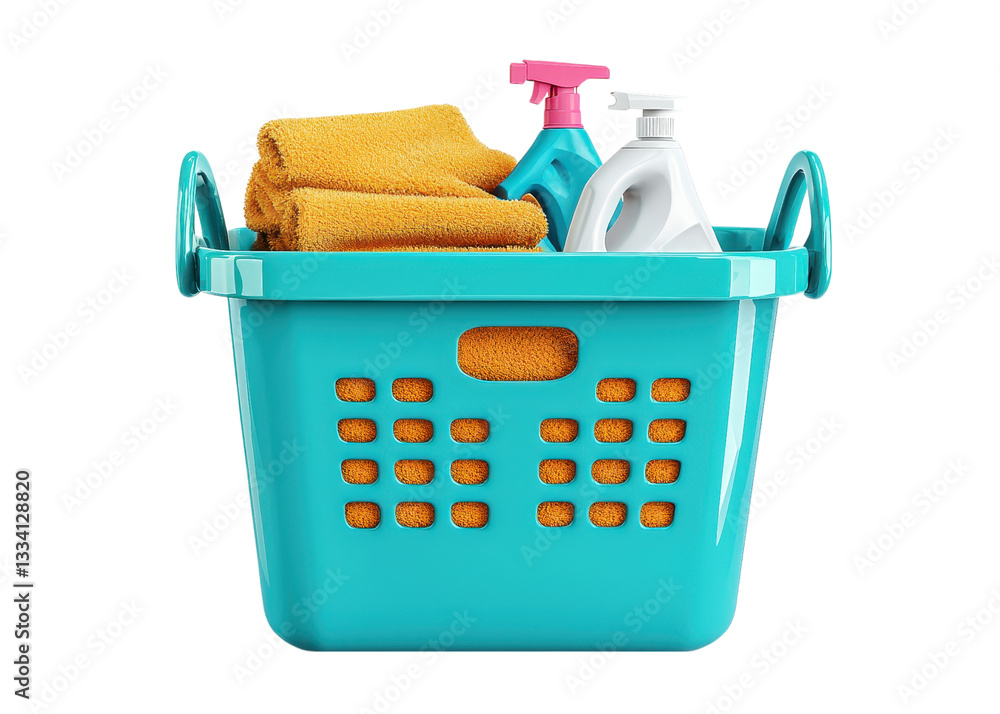 Fototapeta premium Laundry basket with towels and cleaning supplies on a transparent background. Concept of cleaning, laundry, and household chores.