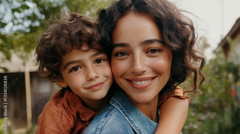 A smiling woman hugging a young child while another person stands behind them. A smiling woman hugging a young child while another person stands behind them.