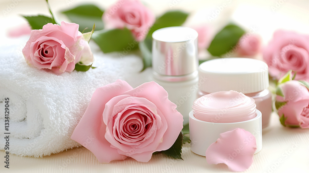 Pink roses and skincare products arranged on a white towel Pink roses and skincare products arranged on a white towel