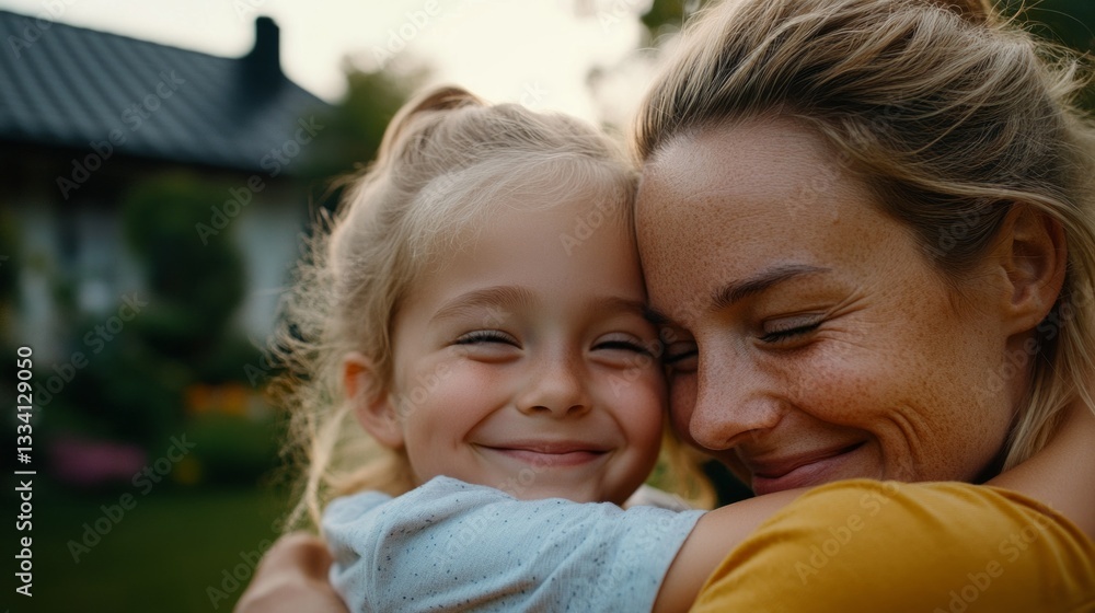 Obraz premium A heartwarming moment captured where a woman hugs her child against a backdrop of a home setting during what appears to be daylight.