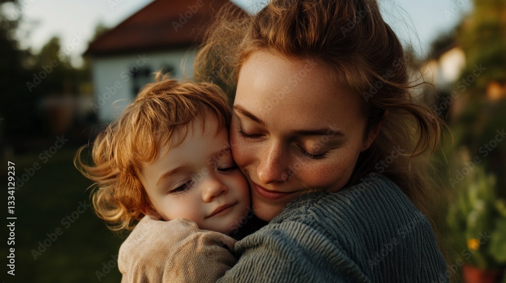 Obraz premium A mother embracing her child in a field.