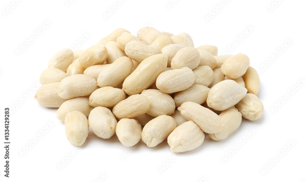 Pile of fresh peeled peanuts isolated on white Pile of fresh peeled peanuts isolated on white