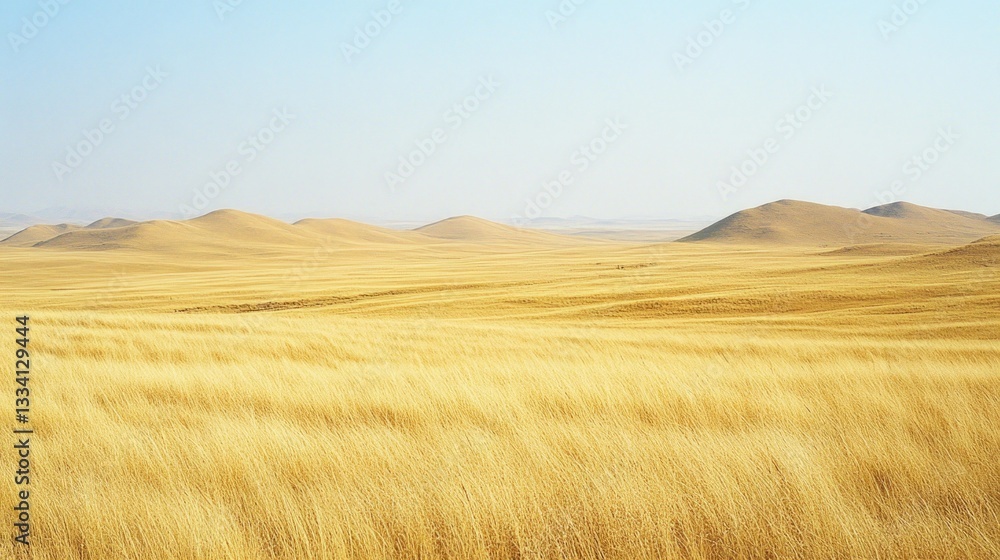 A sweeping landscape of grasslands and rolling golden hills under blue sky A sweeping landscape of grasslands and rolling golden hills under blue sky