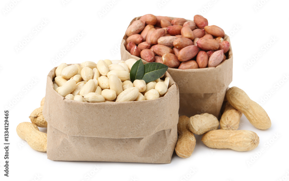 Different peanuts in paper bags isolated on white Different peanuts in paper bags isolated on white