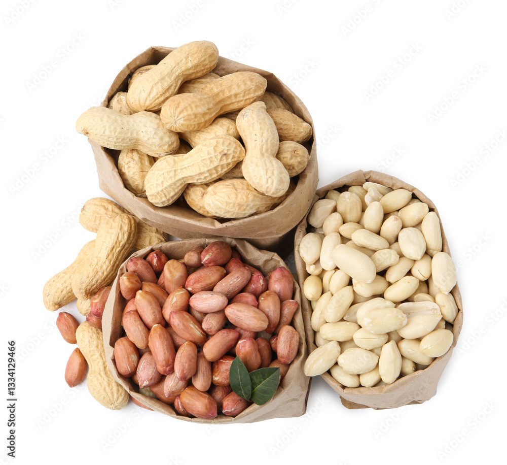 Different peanuts in paper bags isolated on white, top view Different peanuts in paper bags isolated on white, top view