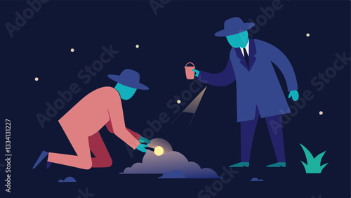 Search for Clues An illustration of two investigators looking for clues in the surrounding area with one holding a flashlight and the other examining the ground near the covered