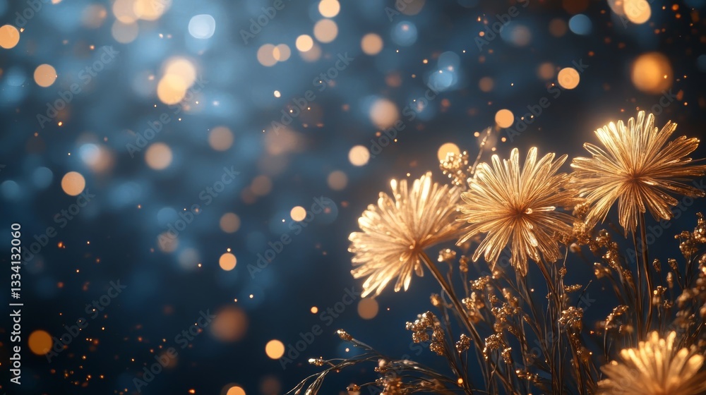 Obraz premium Elegant golden flowers with intricate details are illuminated against a deep blue backdrop filled with shimmering bokeh lights, creating a magical and dreamy atmosphere