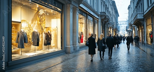 Stylish Shoppers Strolling Along Upscale Shopping Street in Milan Italy