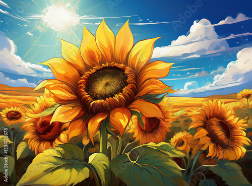Sunflower in field artistic line illustration with puffy clouds