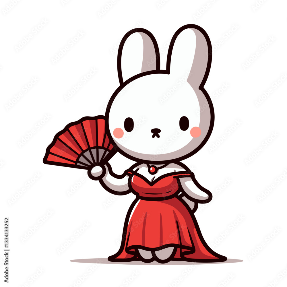 Obraz premium Elegant bunny in red dress with decorative fan. Vector illustration ideal for cultural performances, traditional events, and fashion concepts.