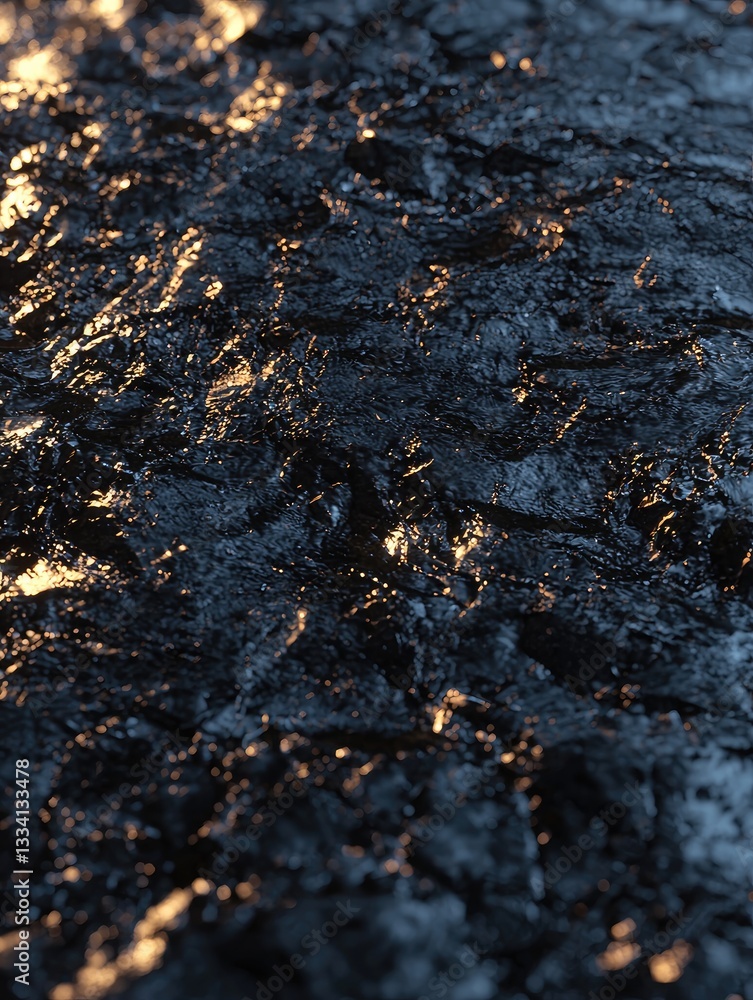 The surface of dark water reflecting golden sunlight glows The surface of dark water reflecting golden sunlight glows