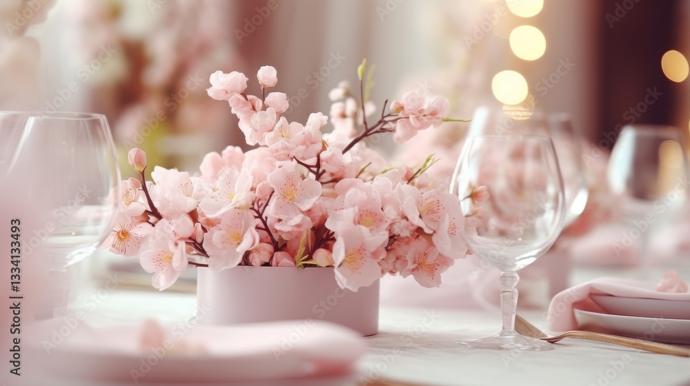 Elegant table setting featuring delicate pink blossoms in a vase, complemented by glassware and soft, ambient bokeh lights, creating a serene atmosphere Elegant table setting featuring delicate pink blossoms in a vase, complemented by glassware and soft, ambient bokeh lights, creating a serene atmosphere