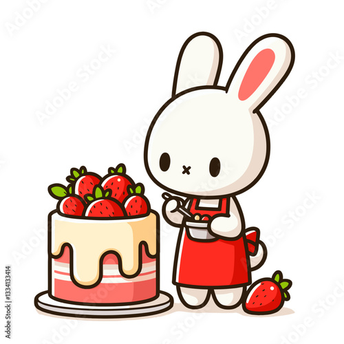 Bunny chef decorating strawberry cake with cream. Vector illustration for bakery businesses and cooking classes for children.