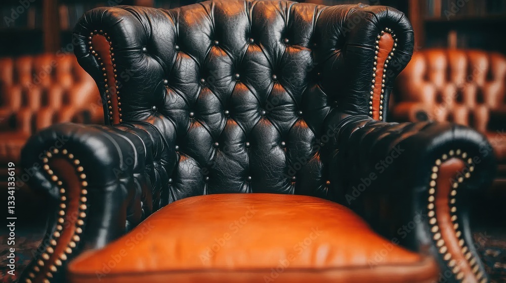 Obraz premium A black leather armchair with orange cushion and tufted backrest.