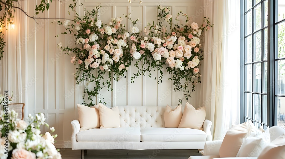 wedding background with flower wall and sofa generative AI