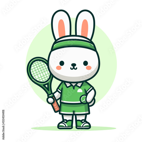 Cartoon tennis player rabbit in green outfit with racket. Perfect for sports education, children's activity promotion or tennis club branding.
